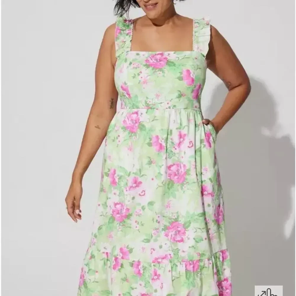 TORRID Green & Pink Floral Ruffle Strap Midi Dress | Size 1 - Picture 13 of 13